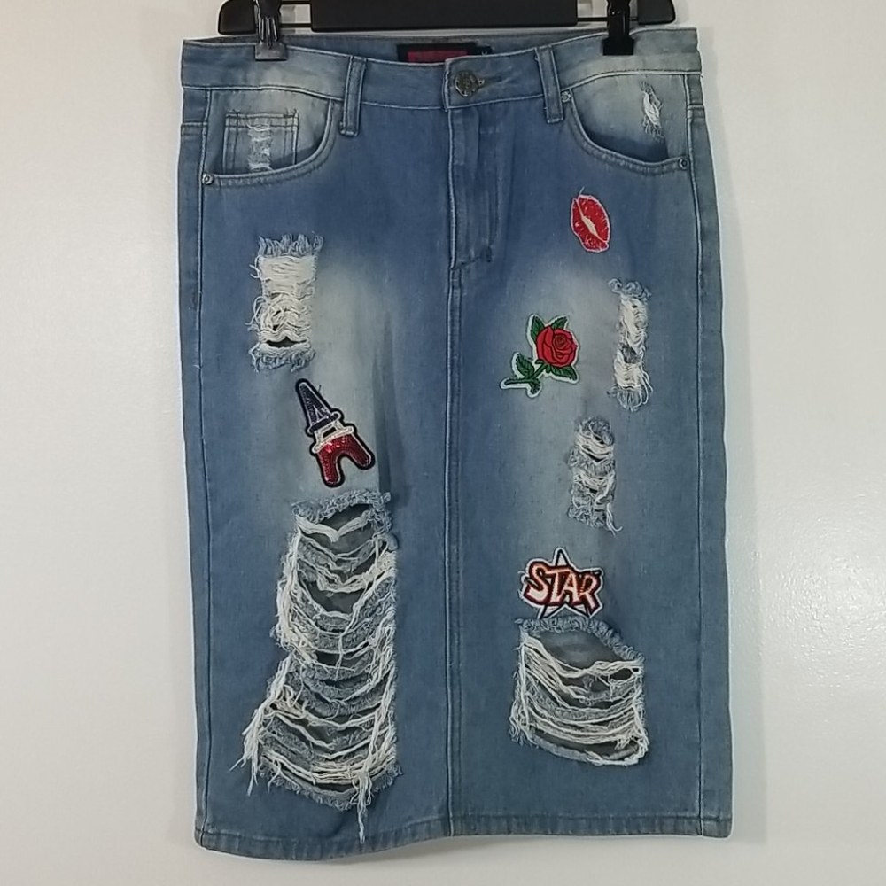 Buzz Women's Distressed Blue Denim Patches Jeans Skirt Medium